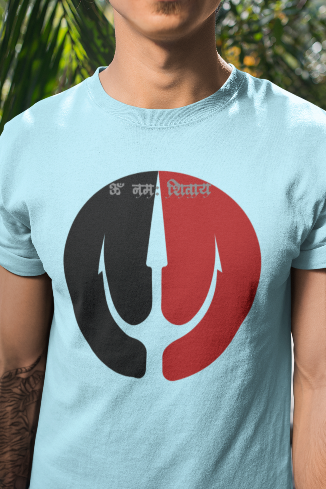 Round neck Half sleeves Tshirt with Dual print of Om Namah Shivay trident