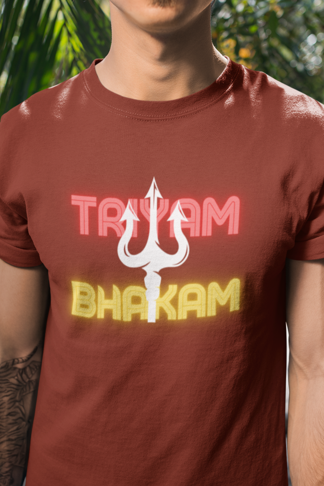 Round neck Half sleeves Tshirt with Dual print of Trayam Bhakam and Trishool on back