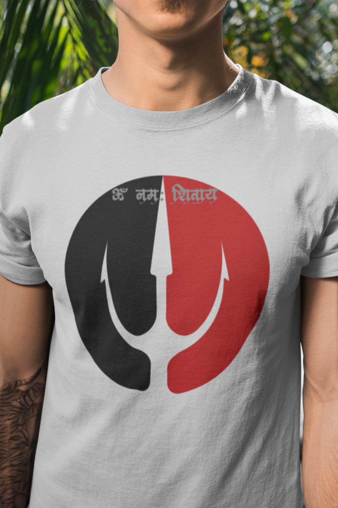 Round neck Half sleeves Tshirt with Dual print of Om Namah Shivay trident