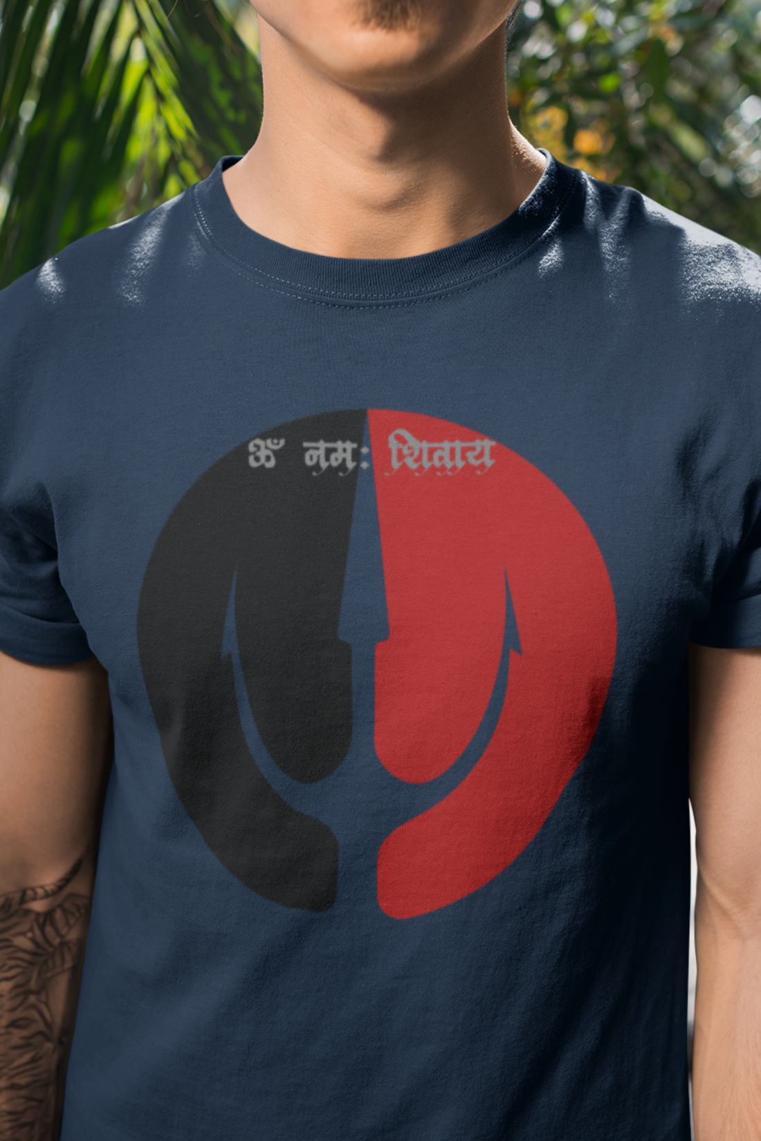 Round neck Half sleeves Tshirt with Dual print of Om Namah Shivay trident