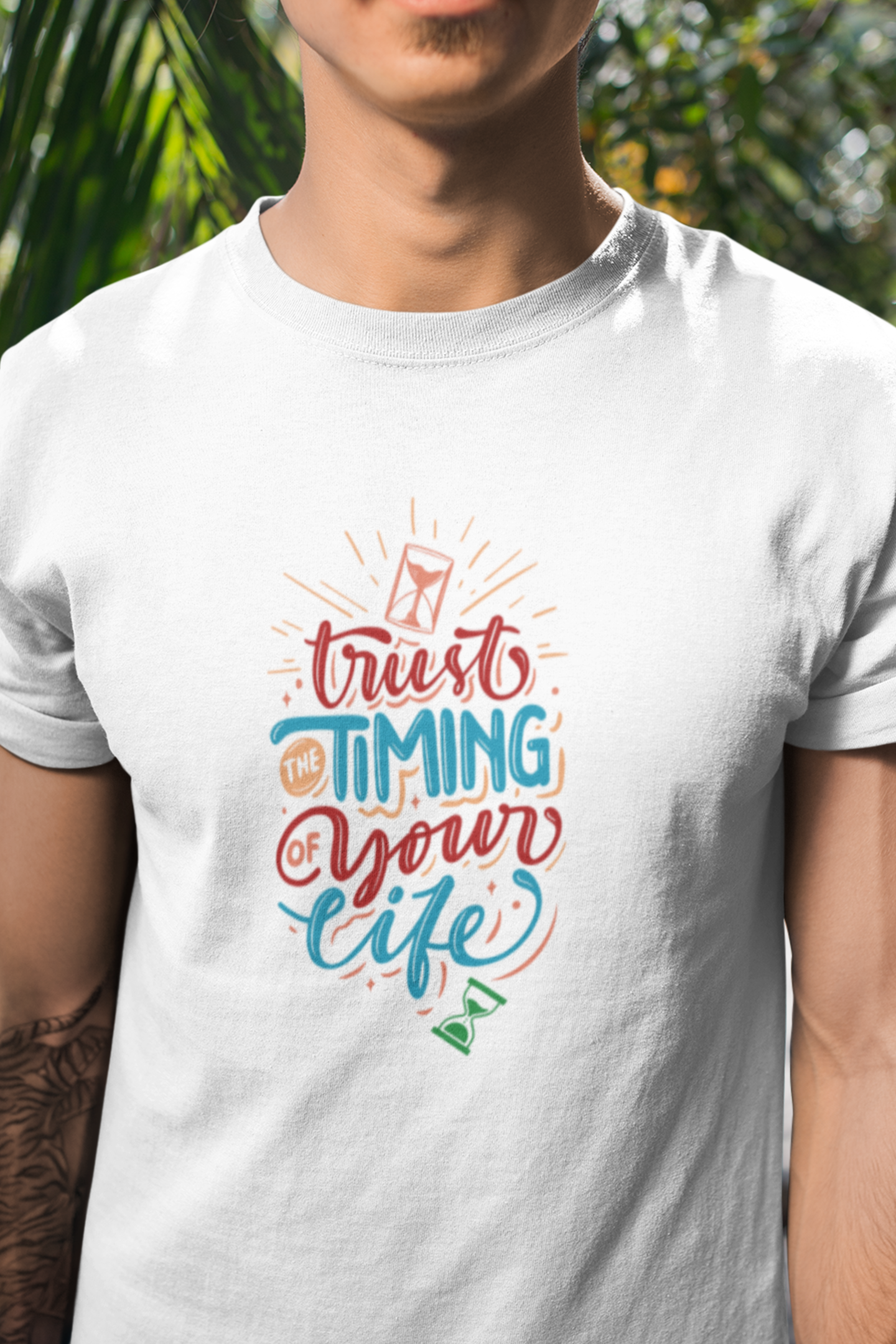 Round Neck Half Sleeves T-Shirt with trust the timing