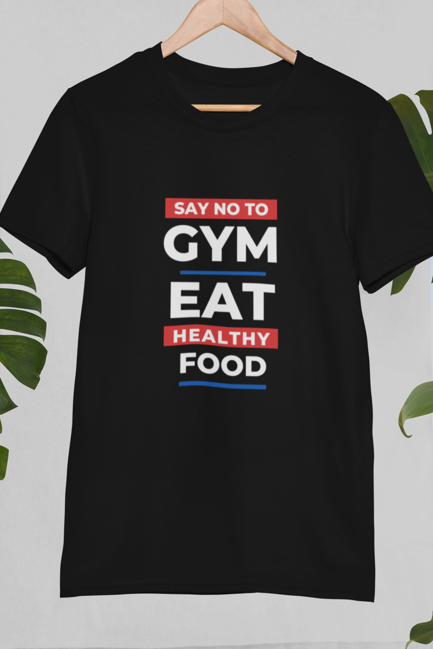 Round Neck Half Sleeves T-Shirt Black with No Gym Healthy Food