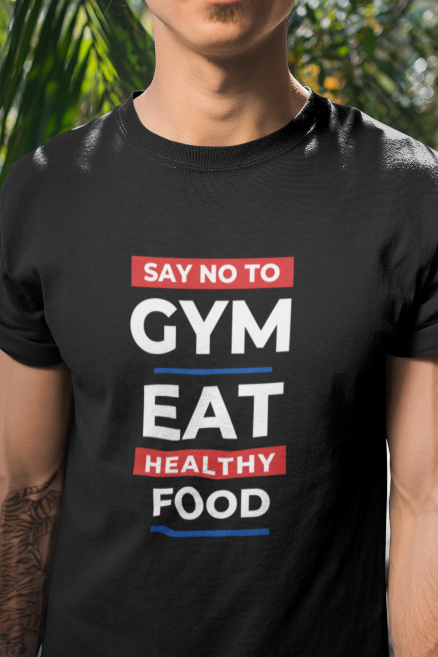 Round Neck Half Sleeves T-Shirt Black with No Gym Healthy Food