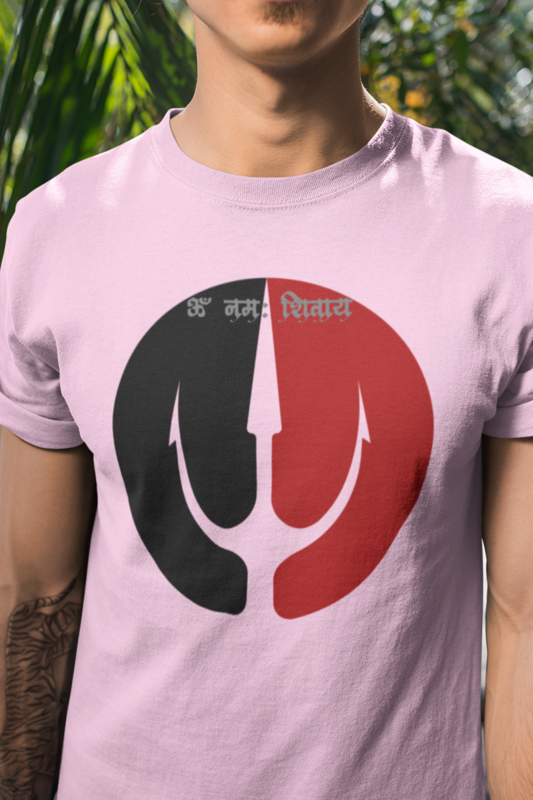 Round neck Half sleeves Tshirt with Dual print of Om Namah Shivay trident