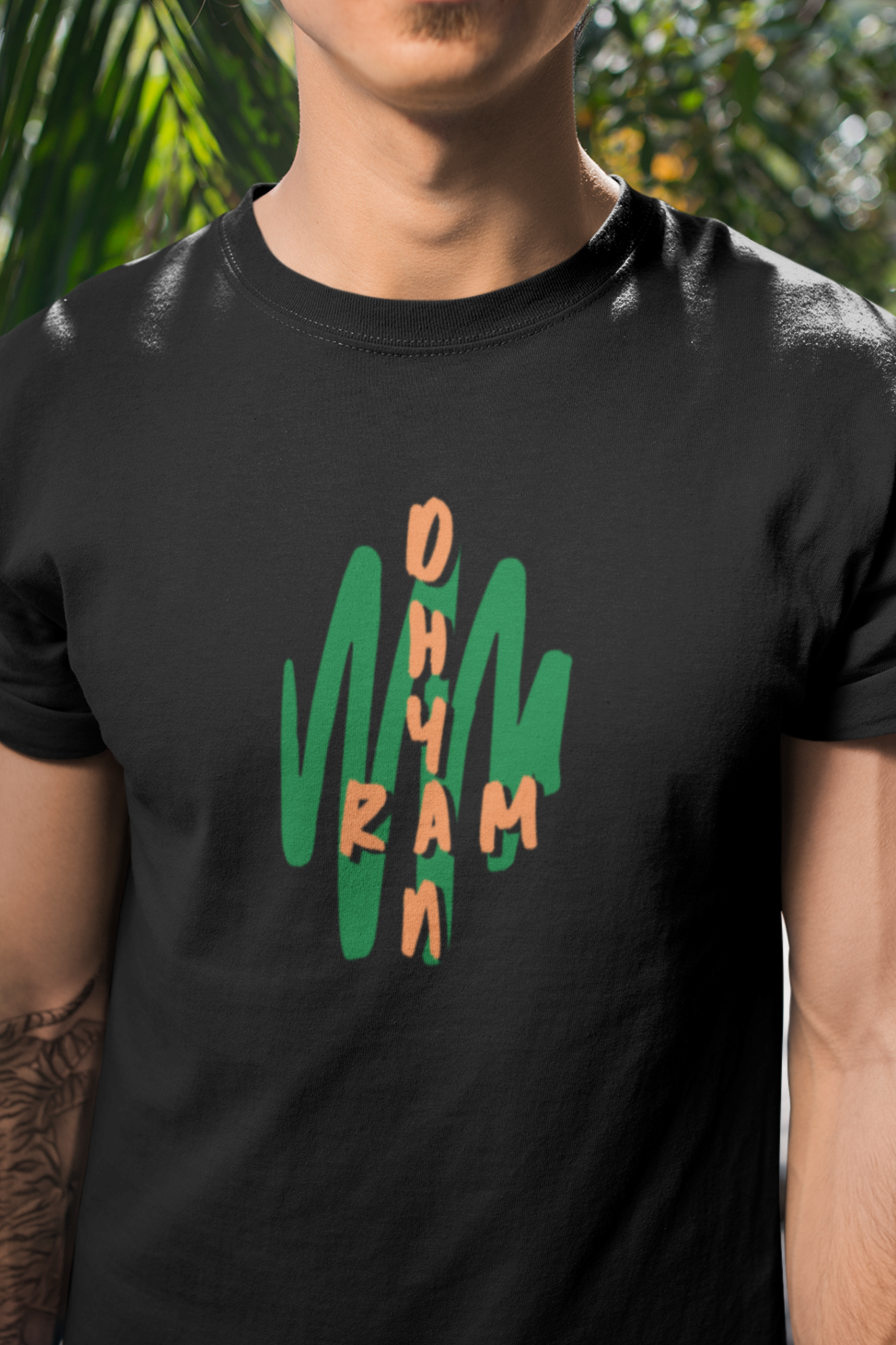 Round Neck Half Sleeves T-Shirt with Ram Dhyan Green orange