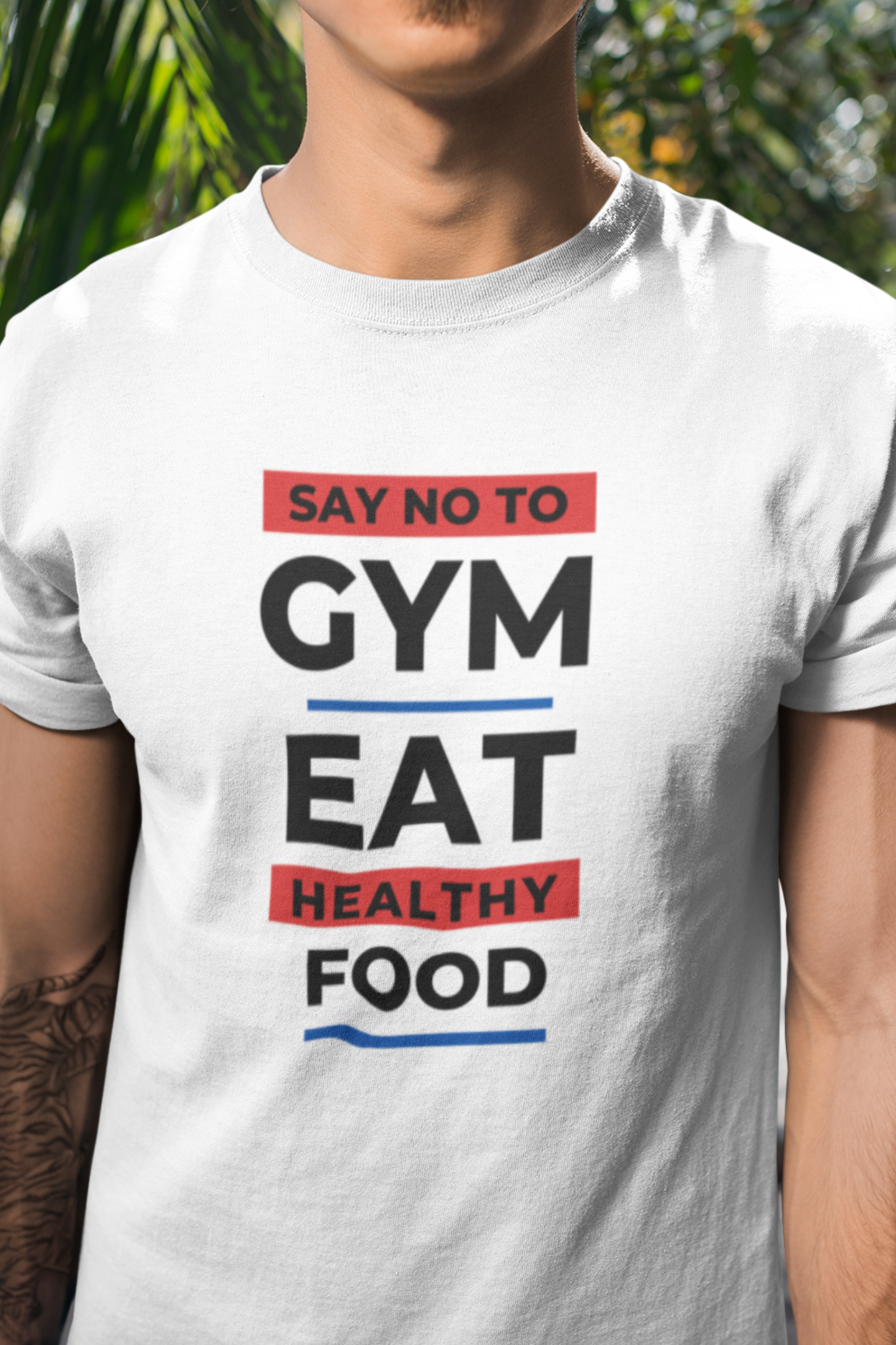 Round Neck Half Sleeves T-Shirt White with No Gym Healthy Food