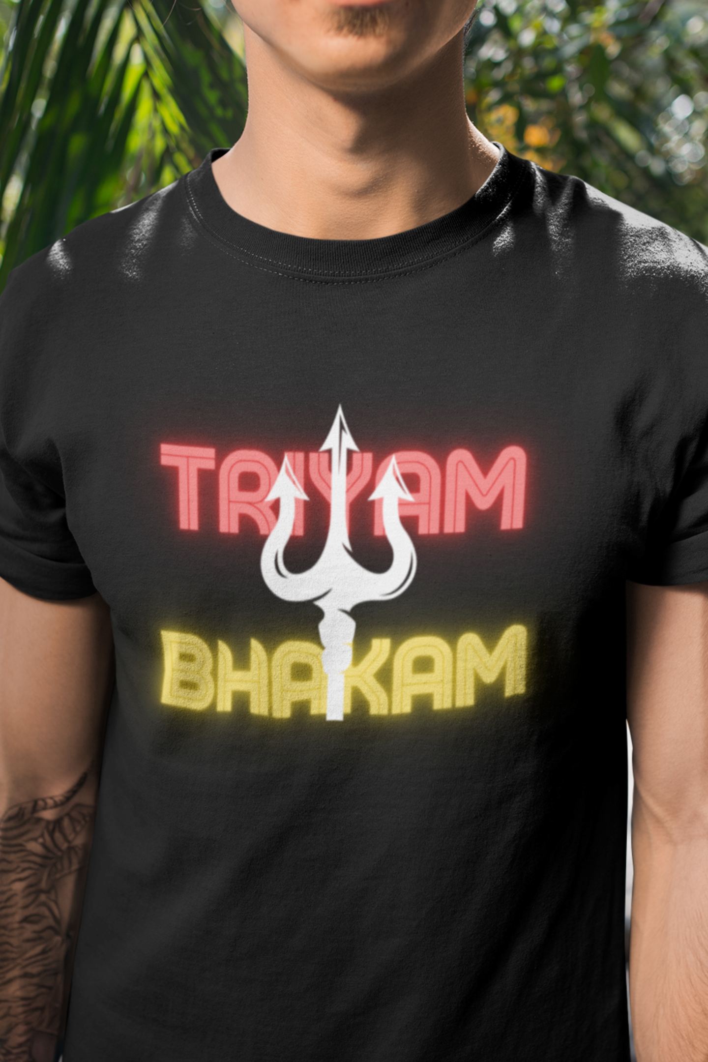 Round neck Half sleeves Tshirt with Dual print of Trayam Bhakam and Trishool on back