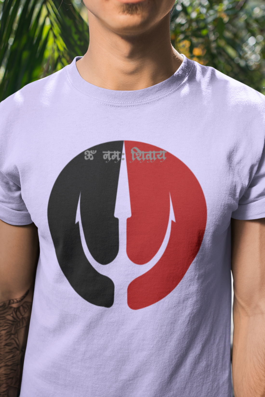 Round neck Half sleeves Tshirt with Dual print of Om Namah Shivay trident