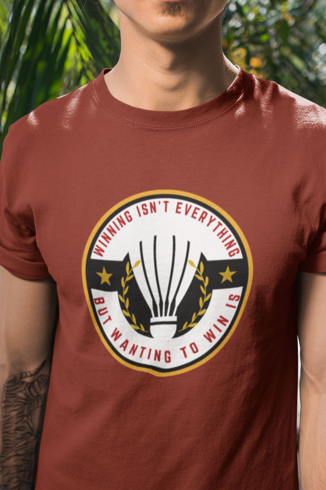 Round neck Half  sleeves Tshirt with Badminton Winning Quote Red