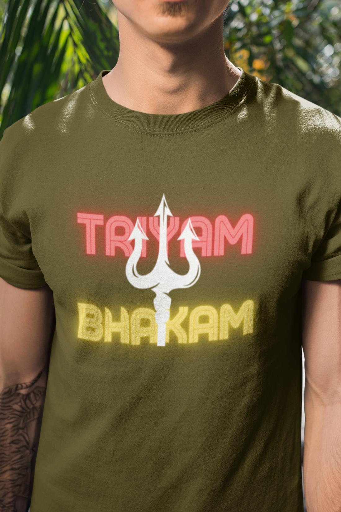 Round neck Half sleeves Tshirt with Dual print of Trayam Bhakam and Trishool on back