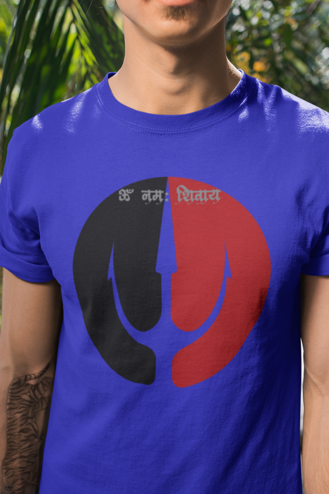 Round neck Half sleeves Tshirt with Dual print of Om Namah Shivay trident