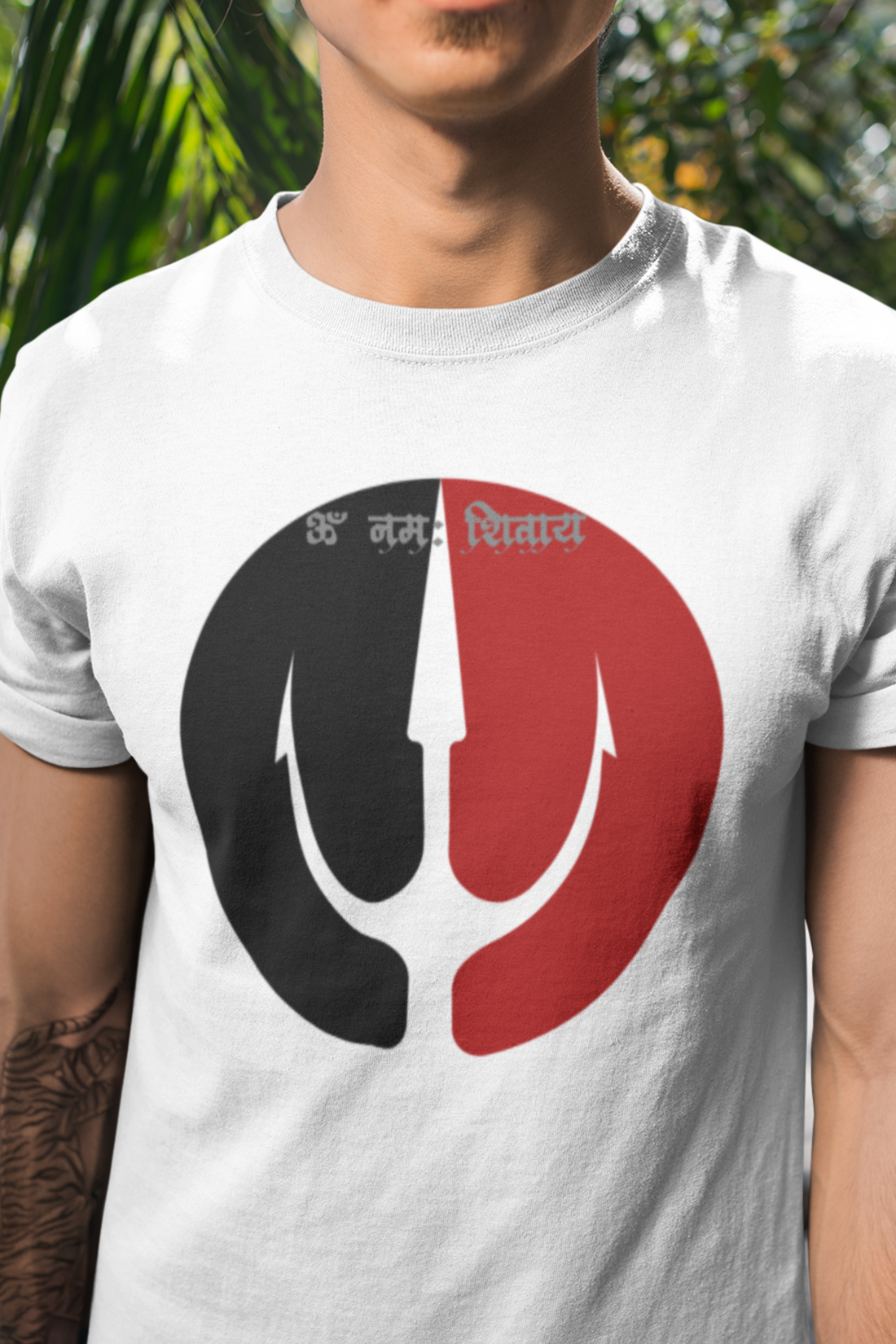 Round neck Half sleeves Tshirt with Dual print of Om Namah Shivay trident