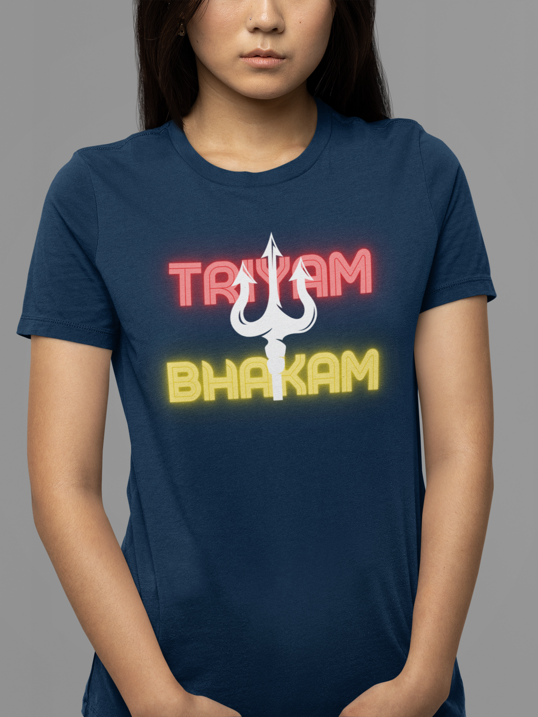 Round neck Half sleeves Tshirt with Dual print of Trayam Bhakam and Trishool on back