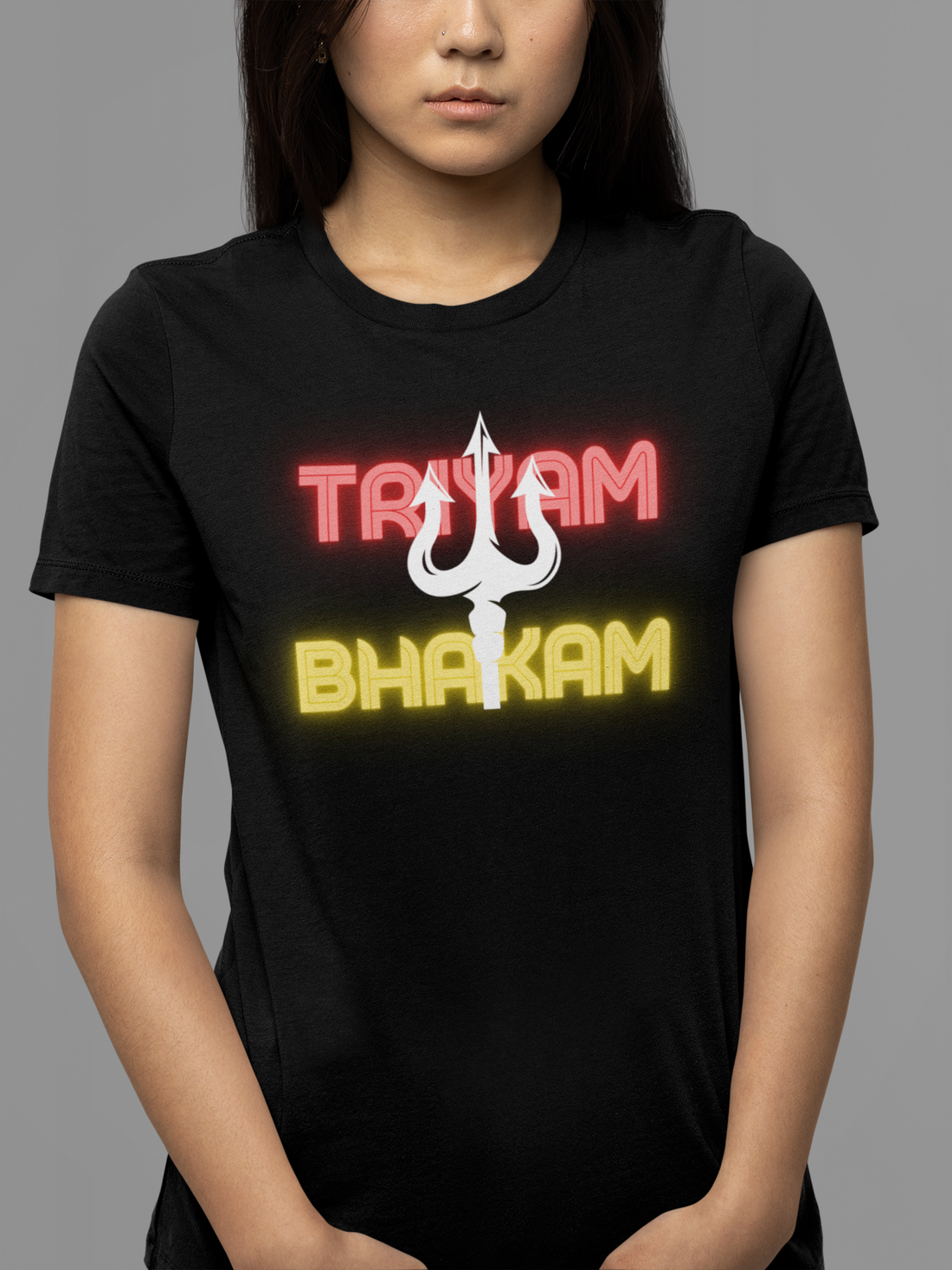 Round neck Half sleeves Tshirt with Dual print of Trayam Bhakam and Trishool on back