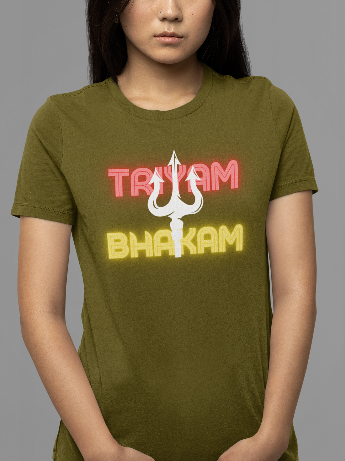 Round neck Half sleeves Tshirt with Dual print of Trayam Bhakam and Trishool on back