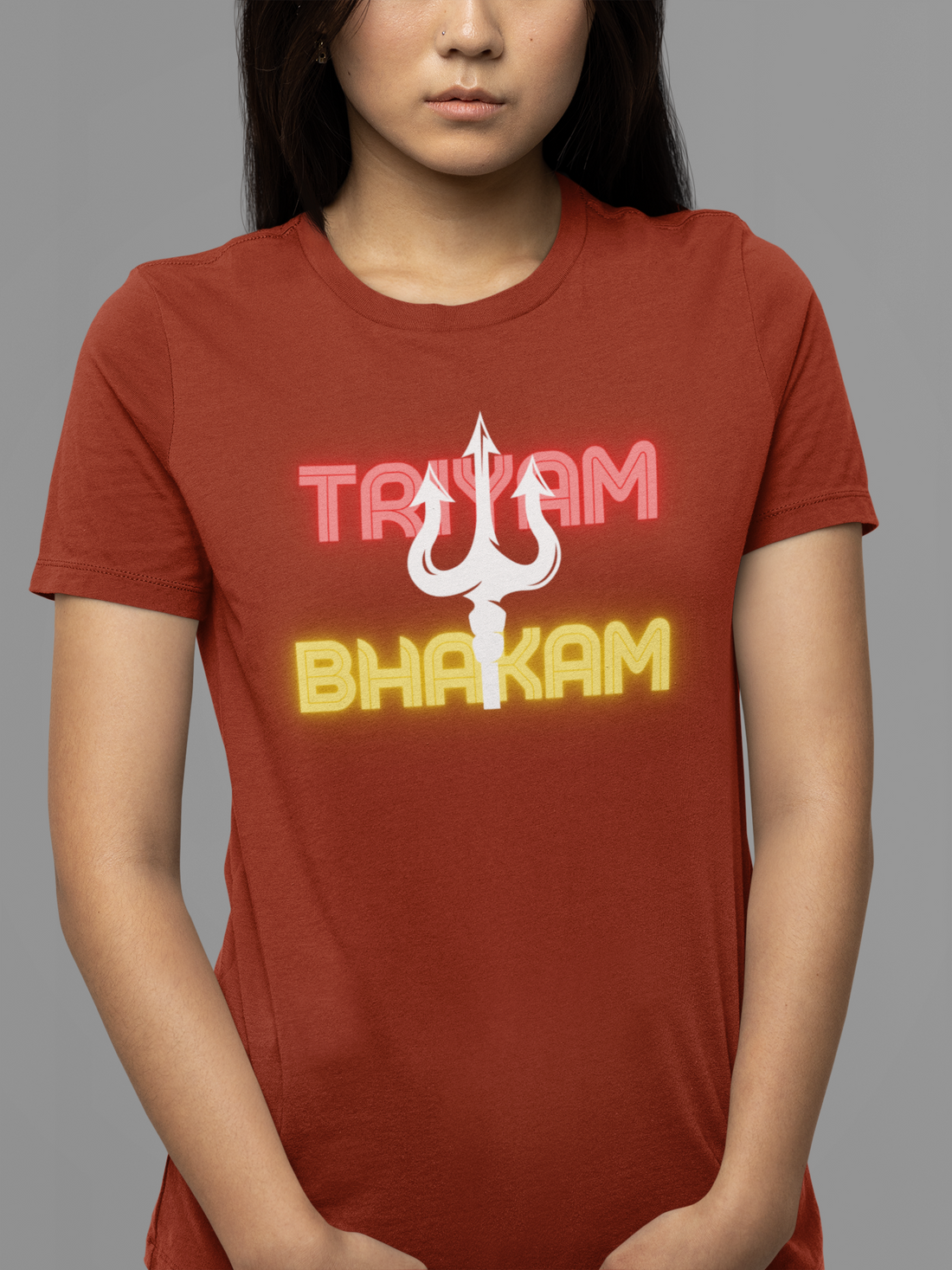 Round neck Half sleeves Tshirt with Dual print of Trayam Bhakam and Trishool on back